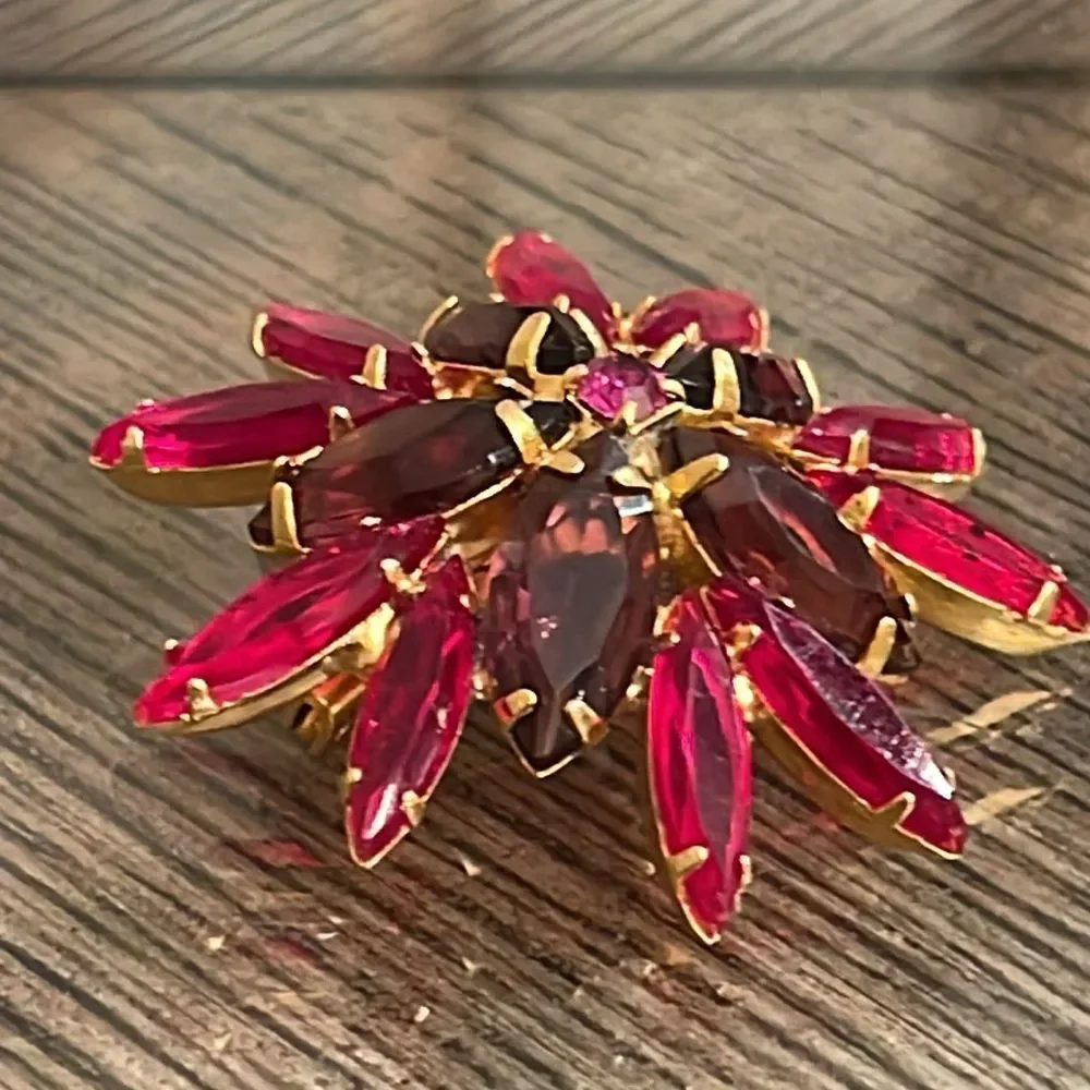 Vintage Floral Rhinestone Pin Red, Purple and Pin